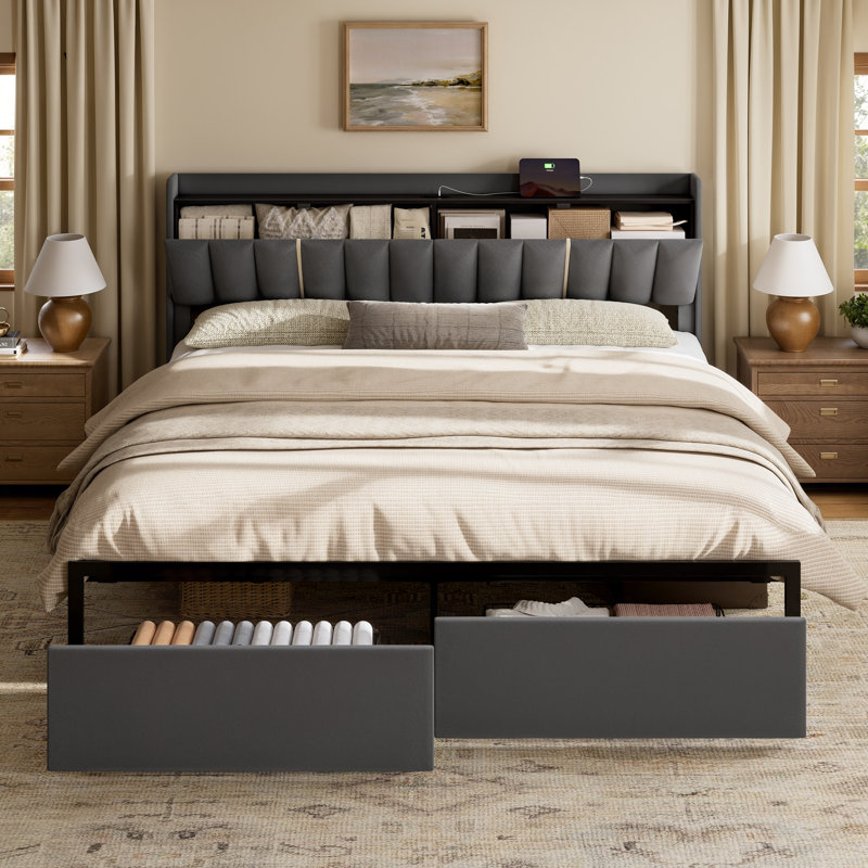 Upholstered King Bed with 2 Drawers and Open Storage Headboard，Platform Bed with Charging Station, No Spring Boxing Needed, Gray