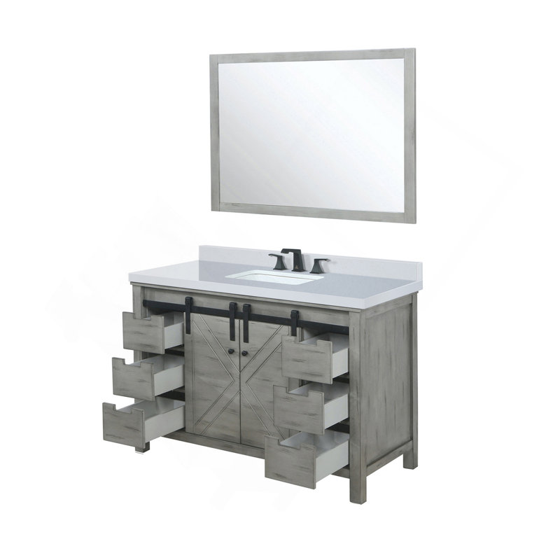 Meuble-lavabo gris cendre 48 po X P 22 po D, comptoir en quartz blanc, ensemble de robinets et Miroir
