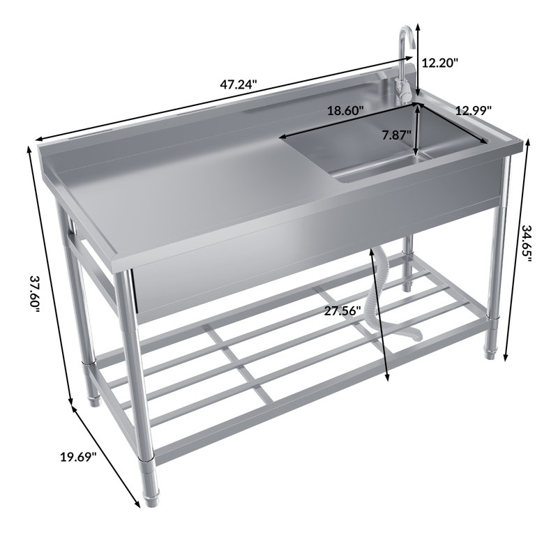Évier de cuisine 47 po en acier inoxydable avec robinet, évier de cuisine à cuve simple sur pied commercial avec support de rangement et pieds pour le garage, le restaurant et l'extérieur