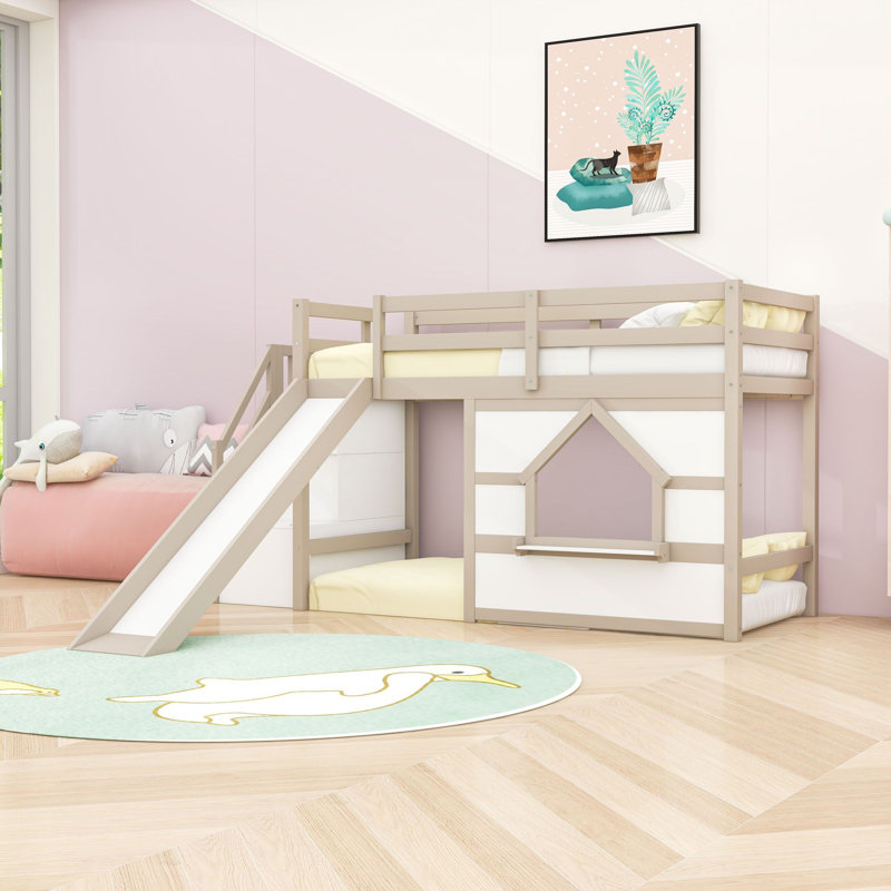 Lit mezzanine simple bas avec escalier de rangement, glissade et éclairage multicolore, Blanc beige