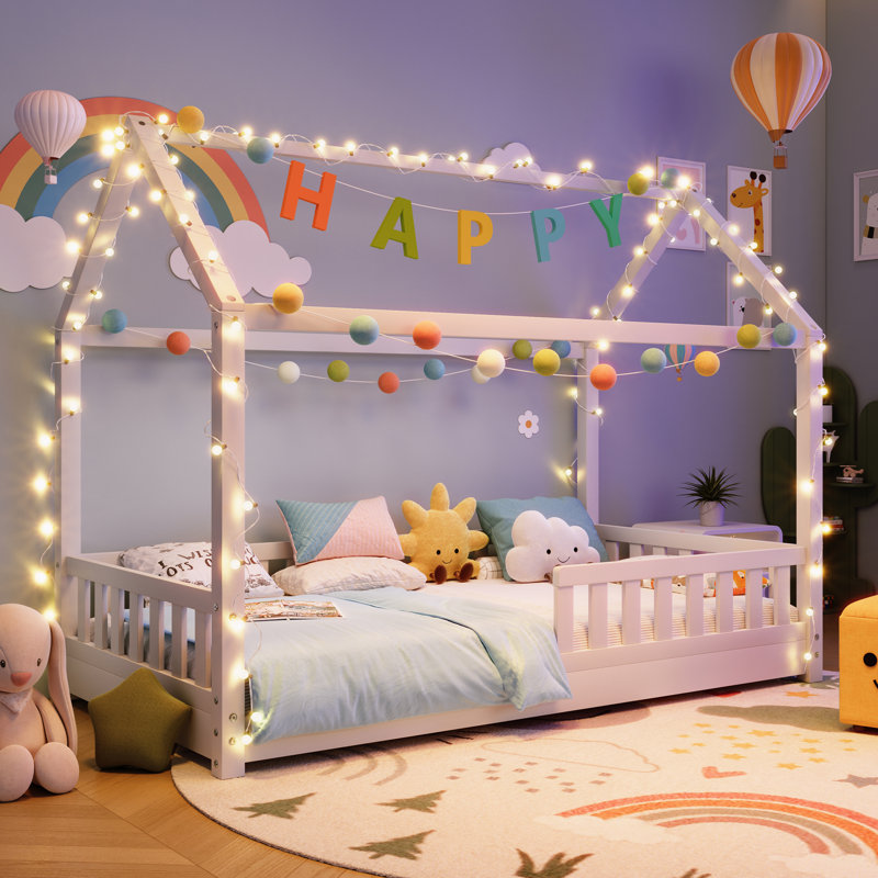 Solid Wood House Bed with Guardrails, Montessori Floor Bed for Kids, Low Profile Toddler Bed Frame with Slats, White