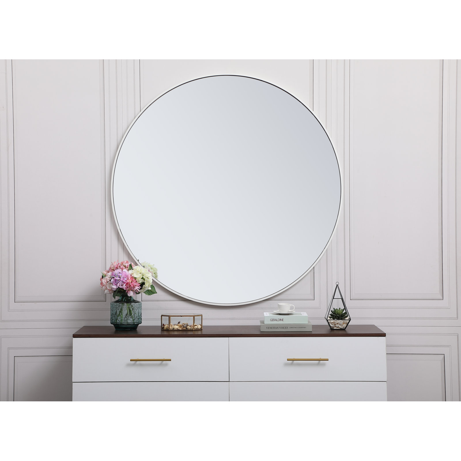 Sabine Metal Round Wall Mirror, White, 18" x 18"