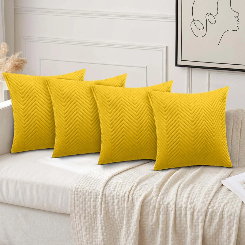 Luxury Chevron Embossed Quilted Pattern Velvet Cushion Cover Set (4-Pack) - Soft Throw Cushion Cover for Home Décor, Ochre