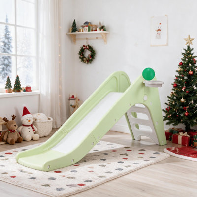 Toddler Slide, Baby Indoor Foldable Slide with Basketball Hoop & Ball, 63" Extra Long Slope, Non-Slip Steps, Sturdy Plastic Outdoor Climber Playset for Boys and Girls