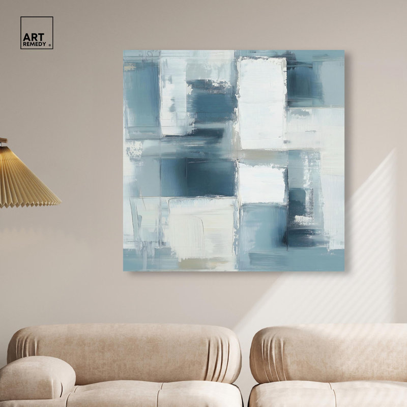 Art abstrait bleu déconstruit par I , H 41 po x l 41 po, Encadrement argenté
