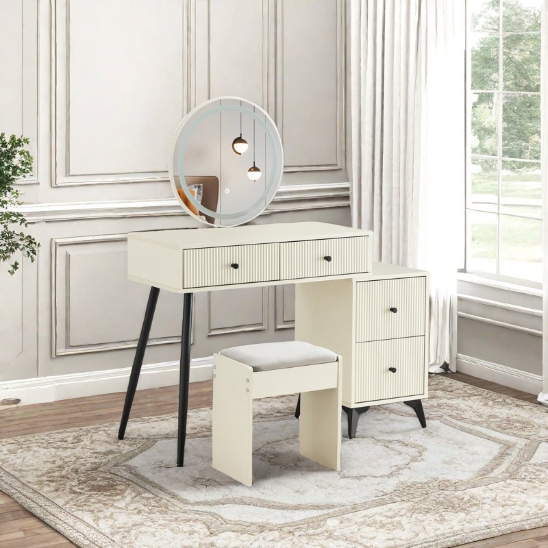 Ensemble de coiffeuse avec tabouret rembourré et miroir rond à lumière variable Abraam