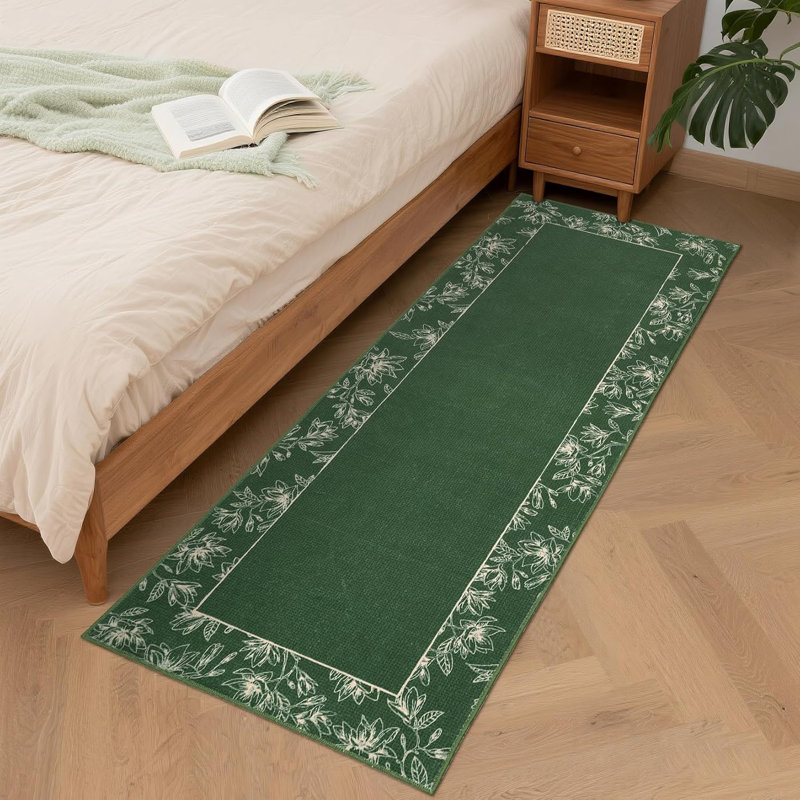 2x6 Washable Modern Bordered Hallway Rug, Non-Slip Low Pile Abstract Floral Runner for Kitchen, Laundry, Entryway, Linen