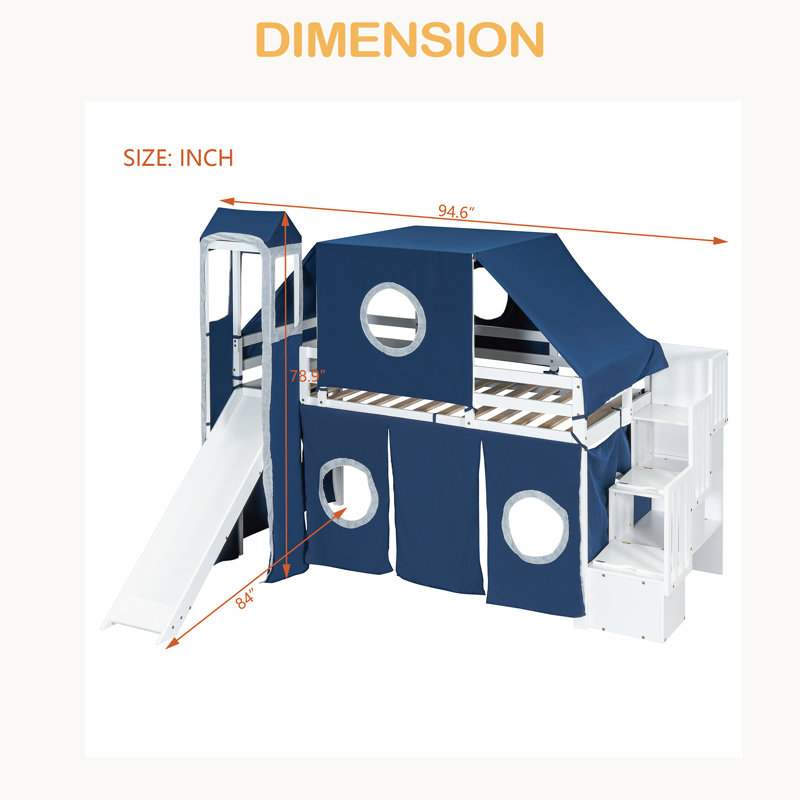 Lit mezzanine avec tente et tour, Bleu, Lit simple