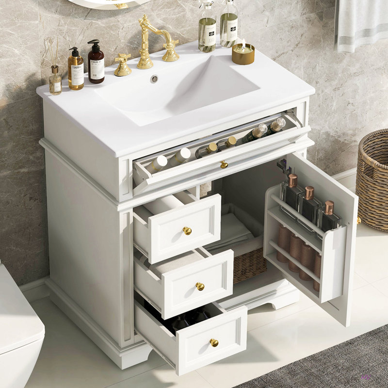 Meuble-lavabo de 30 po avec lavabo, un tiroir basculant, trois tiroirs, tablette de porte, porte à fermeture douce, Blanc