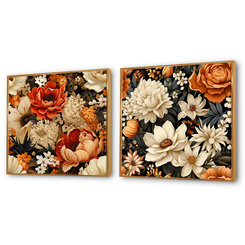 Autumn Cottage Flowers, H 16 po x l 33 po, Cadre flottant doré