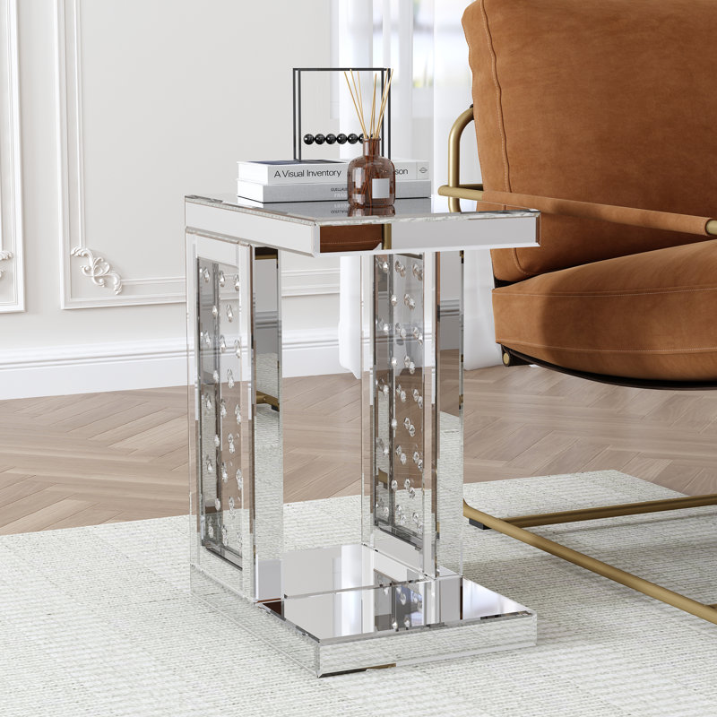 Melle Glass Side Table Mirrored C Shape Sofa Side Table with Storage