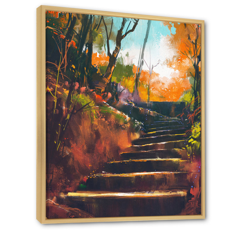Stone Stair Path In Autumn Forest - reproduction d'art sur toile traditionnelle, H 33 po x l 16 po, Cadre érable