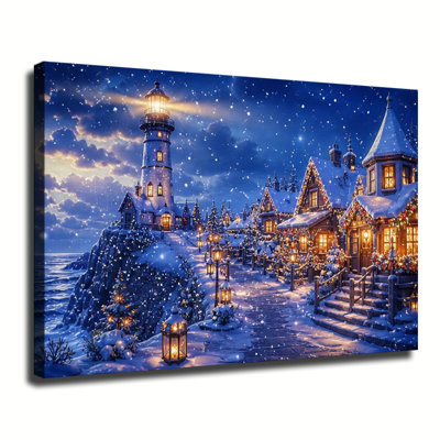Cliffside Lighthouse Snowy Christmas Town Canvas Wall Art, Winter Coastal Village With Festive Lights Canvas Print, Seasonal Wall Decor