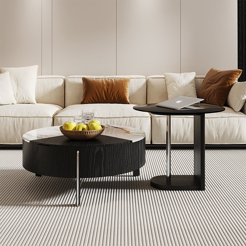 Table basse ronde en pierre micro-cristalline, Noir/acier inoxydable, Noir / blanc / transparent