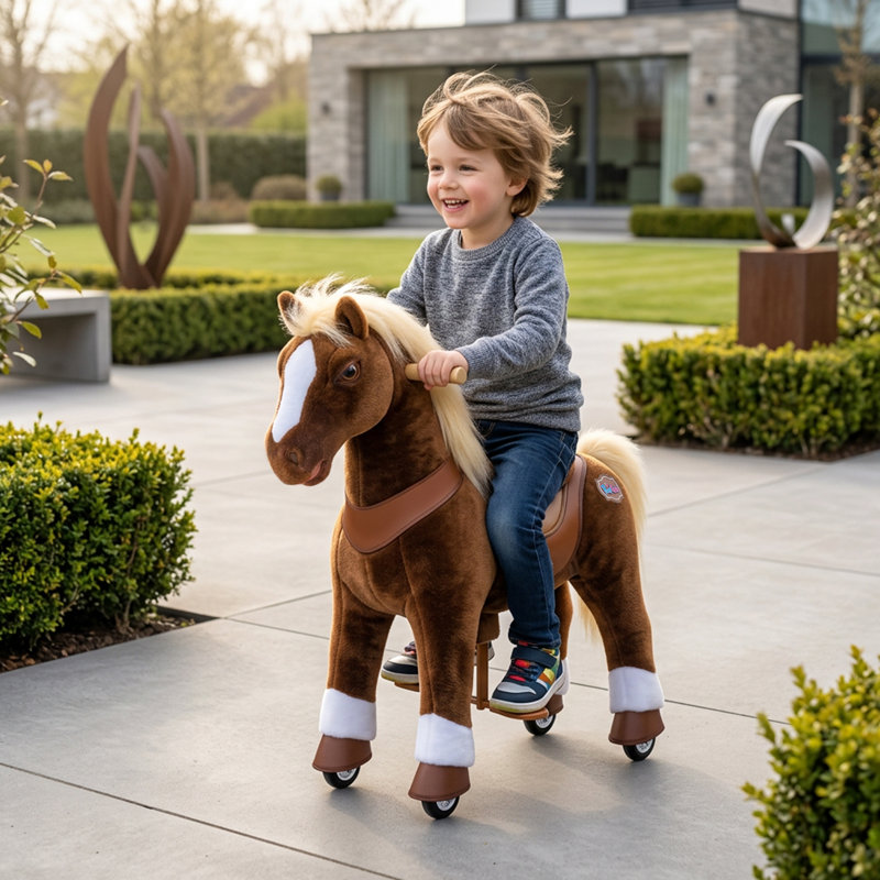 PoneyCycle, cheval à cheval avec sons, cheval de marche, poney mécanique en peluche avec frein à main, sans piles, 3 à 4 ans et 4 à 7 ans