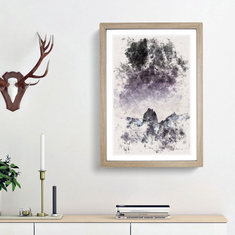Dusky Mountains Watercolour - Picture Frame Graphic Art, Oak Framed, 87cm H x 62cm W x 2cm D