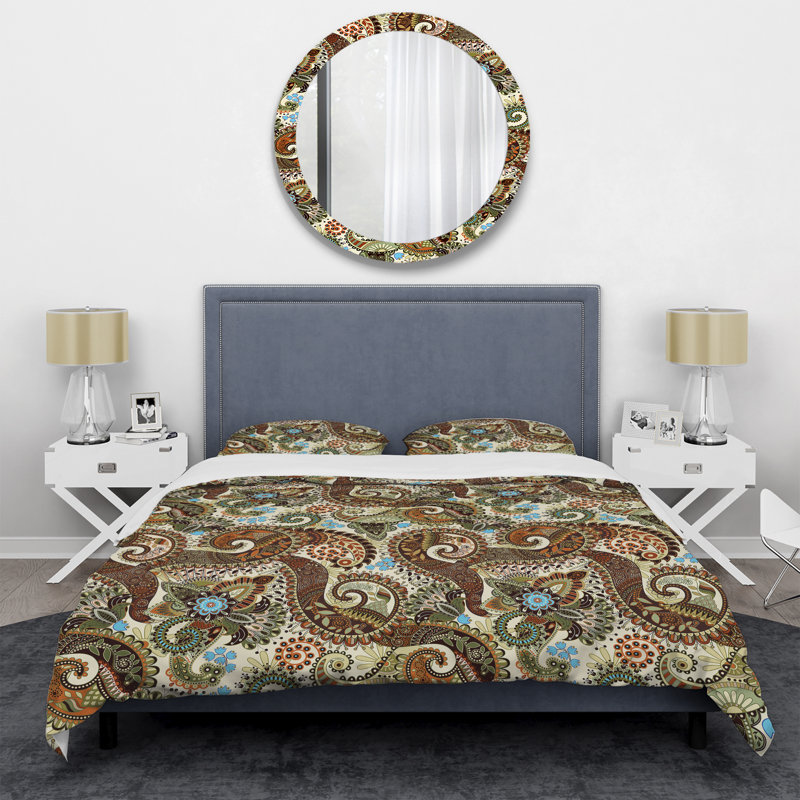 Ensemble de housse de couette à motif floral cachemire brun - Polyester microfibre