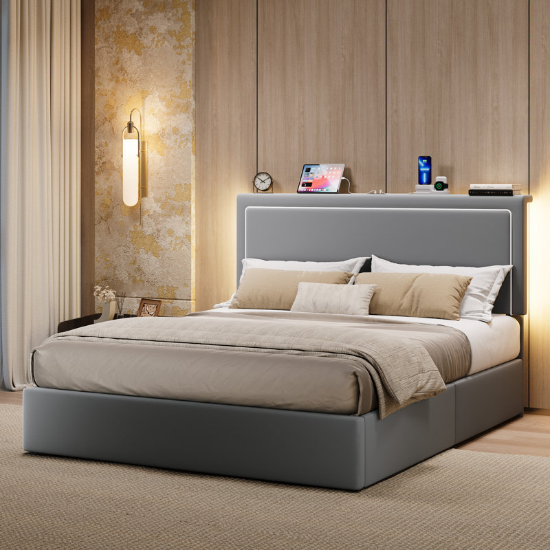 Lit plateforme tapissier moderne en velours avec tête de lit à DEL, station de charge intégrée et rangement sous le lit, Gris