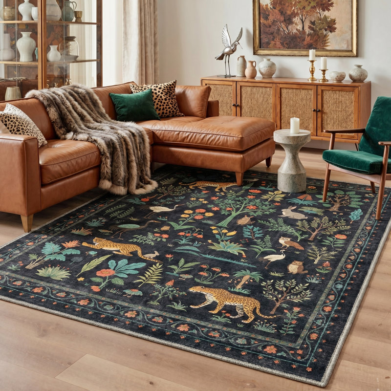 Veridian Floral Machine Washable Green / Black Indoor Area Rug with Non-Slip Backing, Rectangle 5' x 7'