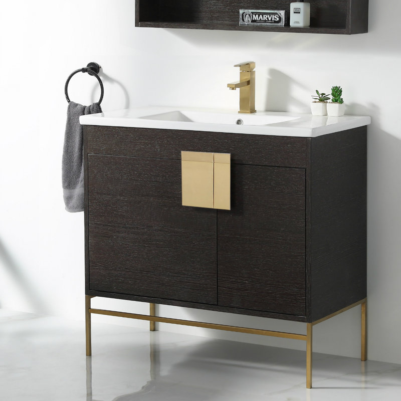Ensemble de meuble-lavabo simple 36 po Maisie, Laiton satiné, Chêne noir à grain droit