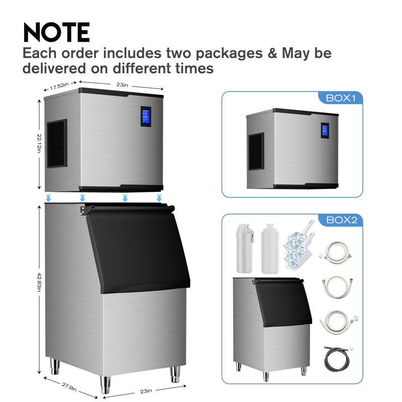Machine à glace commerciale Coolake 450 lb / jour avec bac de rangement de 350 lb, machine à glace industrielle en acier inoxydable refroidie à l'air, machine à glace modulaire autonettoyante à panneau LCD pour bar, restaurant, café, hôtel, hôtel