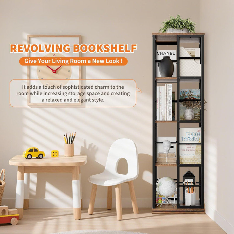 Bibliothèque rotative à 4 niveaux sur 360 ° avec rails, tour de présentation pivotante pour salon, chambre à coucher, bureau