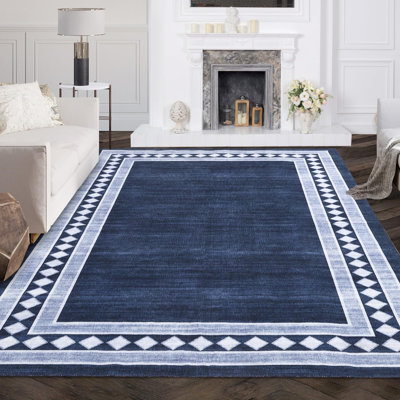 Tapis lavables 5 x 7 pour la chambre à coucher du salon, tapis géométrique moderne ultra doux à poils courts, tapis antidérapant et antidérapant pour la décoration de bureau personnel, bleu marine