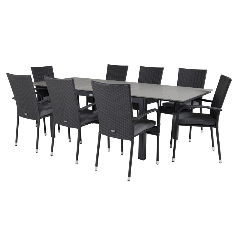 Faiyaz 8 - Person Patio Dining Set with Extendable Rectangular Table , Cushions Included, Black