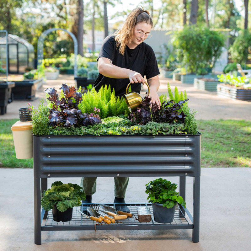 32" Tall 48" Long Metal Outdoor Elevated Planter, Modern Gray