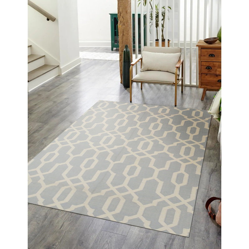 Tapis géométrique transitionnel en laine tissé à plat bleu Durrant, Rectangle de 5 pi x 8 pi