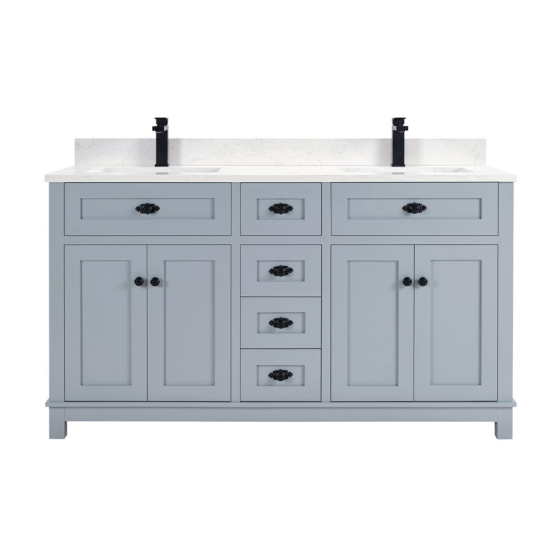 60" Finish Solid Wood Sink Vanity With 1' Artificial Stone Top, Cadet, Black