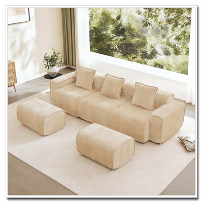 Canapé modulaire à 3 places en forme de U avec passepoil à bordure française, aucun assemblage requis, canapé à 3 places avec coussins décoratifs et 2 repose-pieds amovibles