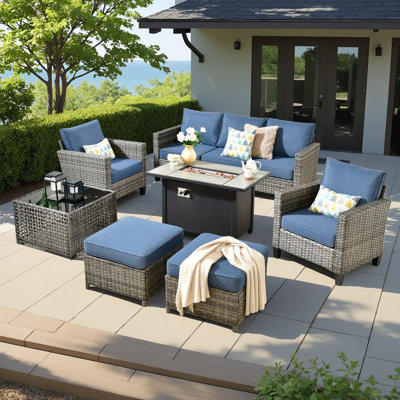 Harbin Wicker/Rattan 7- Person Outdoor Seating Group With Ottoman With Fire Pit Table