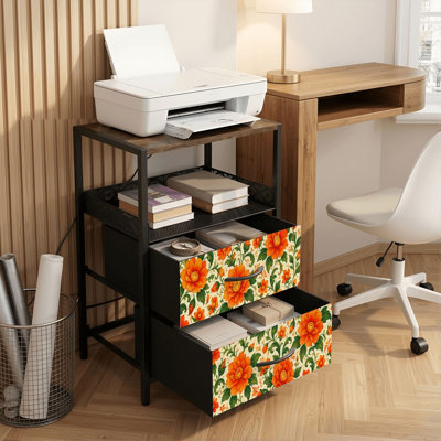 Table de chevet 2 tiroirs avec station de charge, table de chevet pour chambre avec ports USB et amp; «Outlets Open Shelf», table de chevet noire avec motif floral traditionnel d'inspiration orange vert, motif floral beige
