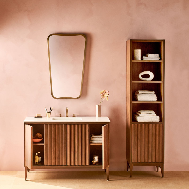 Sinca 48" Vanity With Quartz Stone Vanity Top, Single-Hole, White Oak, Lava Black