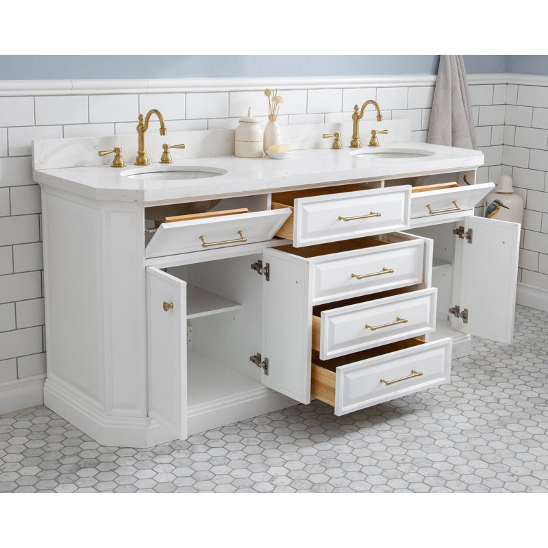 72" Palace Collection Quartz Carrara Cashmere Grey Bathroom Vanity Set With Hardware And F2-0012 Faucets in Chrome Finish