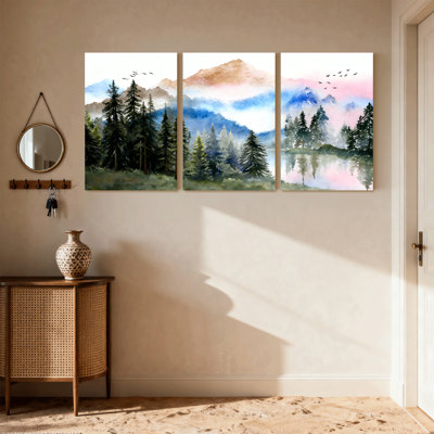 Paysage et nature montagne forêt lac réflexion ciel oiseaux arbres ensemble de 3 impressions sur toile