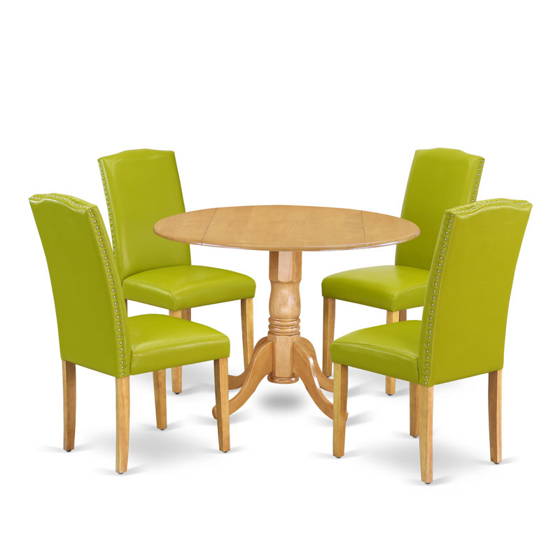 Ensemble de table de salle à manger 5 pièces moderne comprenant une table ronde en bois avec Dropleaf et 4 chaises rembourrées en similicuir vert d'automne, 42 x 42 pouces, chêne