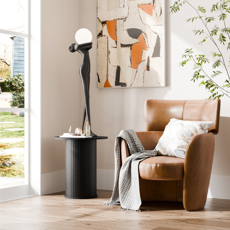 21.7" Tall Mid-Century Modern Tambour Round End Table, Black