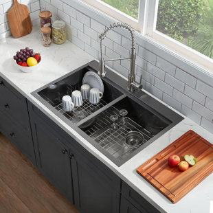 Évier de cuisine 33 po x 22 po en acier inoxydable mat noir calibre 16, évier de cuisine à double cuve en acier inoxydable avec accessoires