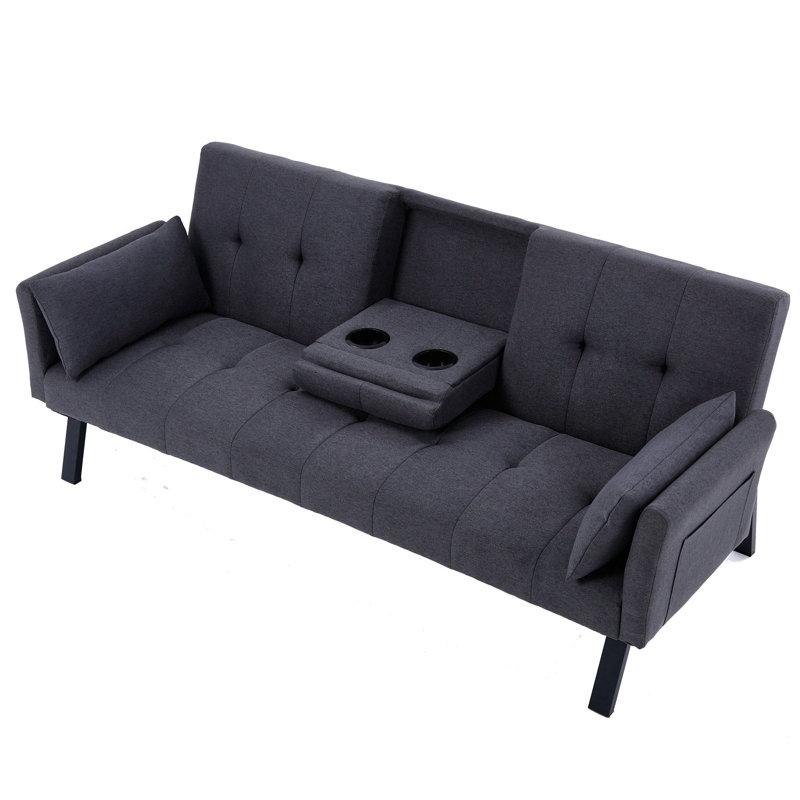 Canapé-lit futon en lin 70 po, canapé-lit pliant convertible moderne avec 2 porte-gobelets et rangement latéral, Gris foncé