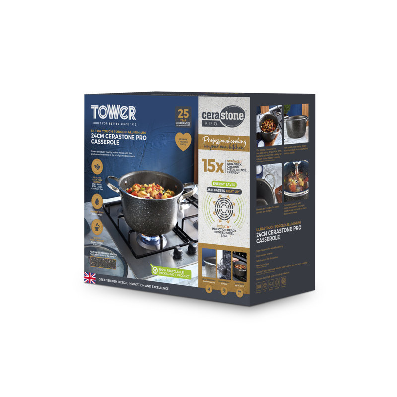 Tower T900204 Cerastone Pro 24cm Forged Aluminium Casserole Dish with Tempered Glass Lid, Non-Stick Coating, Graphite