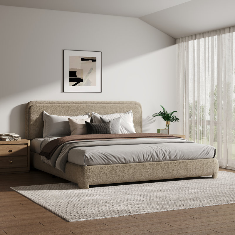 Bensu Boucle Upholstered Platform Bed, King, Taupe