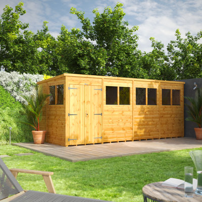 Powersheds 16 x 6ft Timber Tongue & Groove Pent Garden Shed, Double Doors