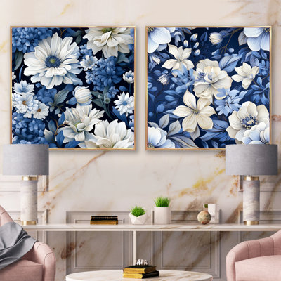 Ensemble de 2 collages floraux bleus et blancs à motif floral IV