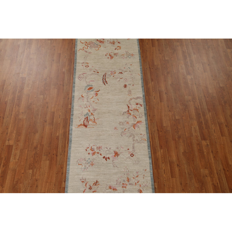 Tapis de couloir beige en laine noué à la main de conception unique 3 pi 1 po x 11 pi 9 po New Age