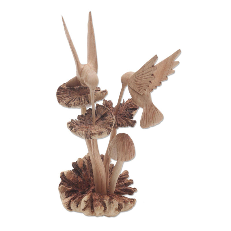 Sculpture colibris et champignons et bois