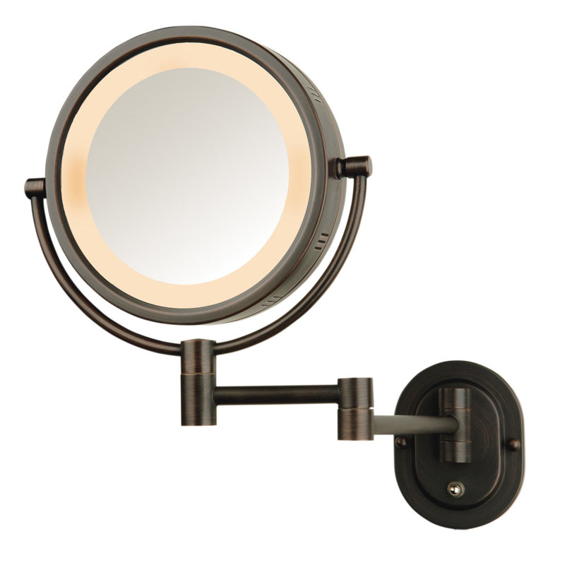 Ake 8" Lighted Wall Mount Magnified Makeup Mirror, Plug In, Bronze