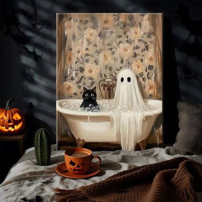 Halloween Ghost Bathroom Canvas Wall Art, Horror Ghost And Cute Black Cat In Bathtub Pictures Wall Decor, Gothic Dark Academia Paintings Prints For Toilet Dorm 16X24 Inch Framed