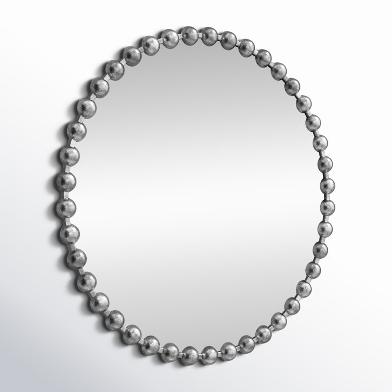 Miroir mural rond Marlowe argenté de 91 cm de diamètre, orné de perles et encadré en fer., Argent argent, 36 po x 36 po